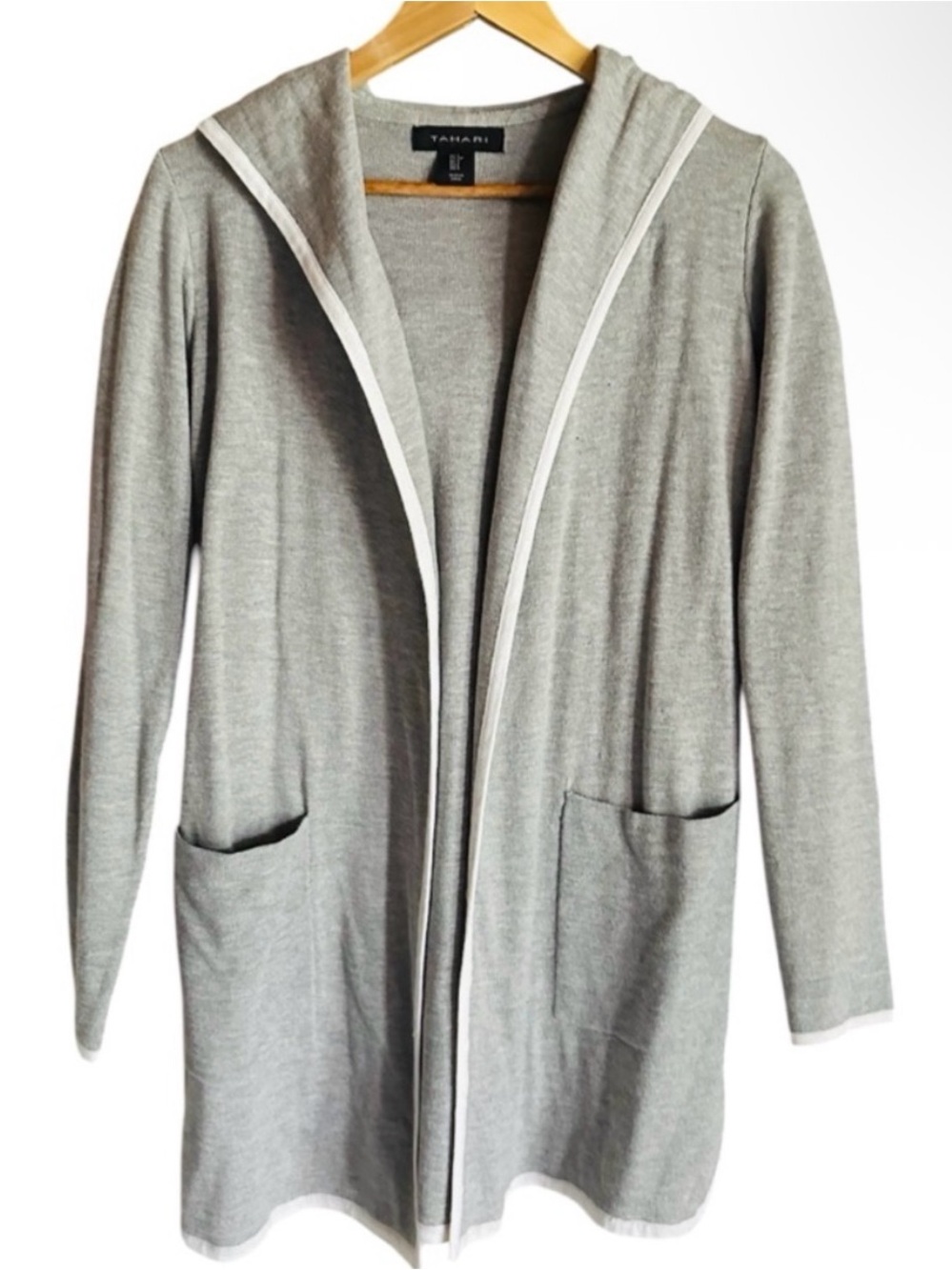 Tahari Long Cardigan-Jacket with Hood and Pockets S